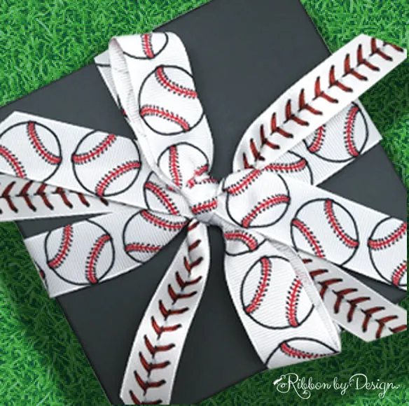 Baseballs Ribbon on 7/8" White Grosgrain