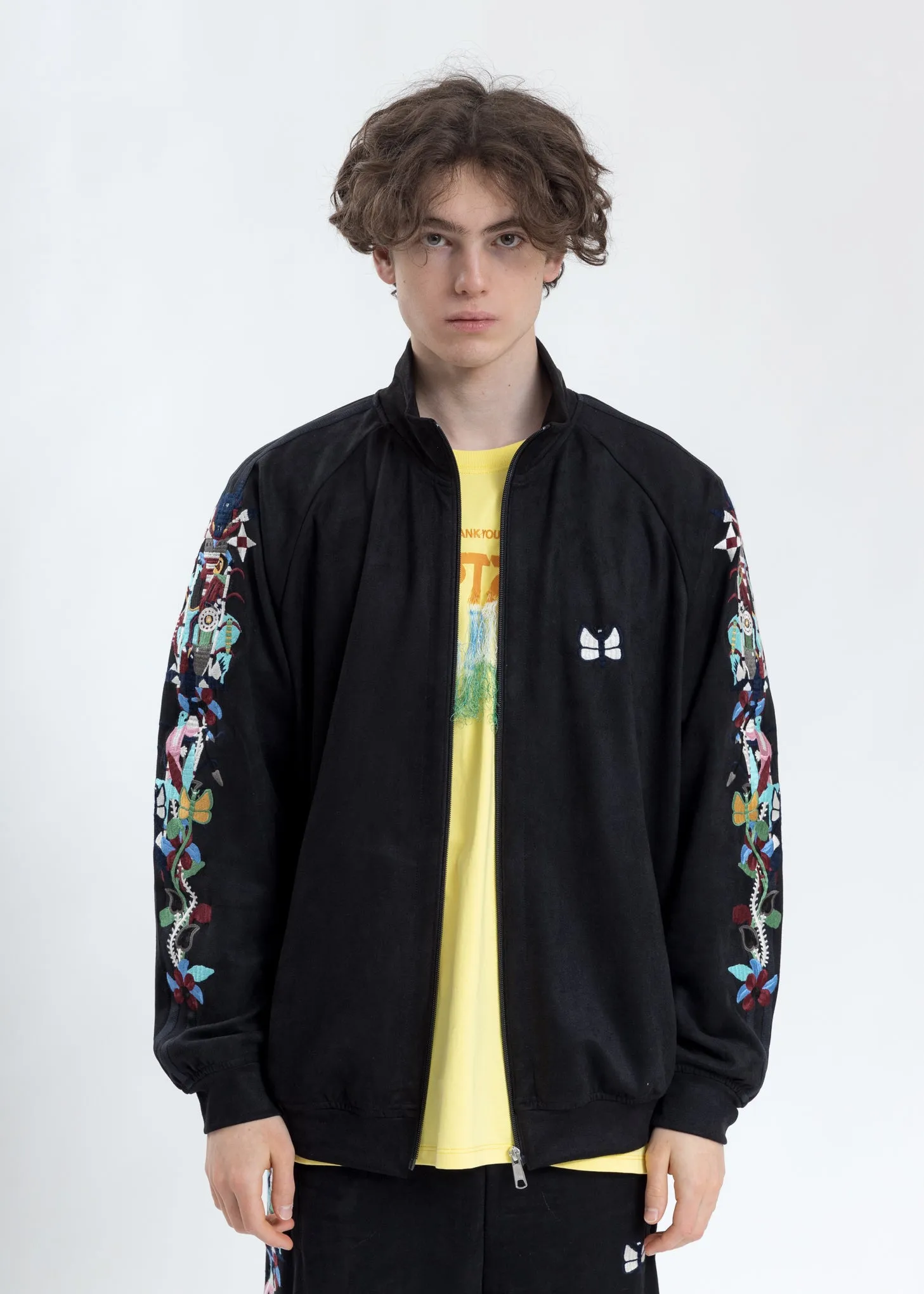 Black Chaos Embroidery Suede Track Jacket
