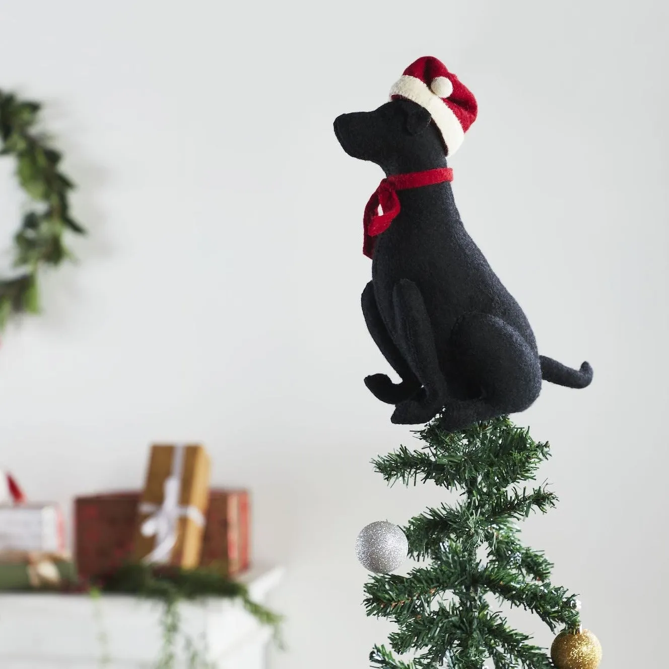 Black Lab with Santa Hat Christmas Tree Topper in Hand Felted Wool