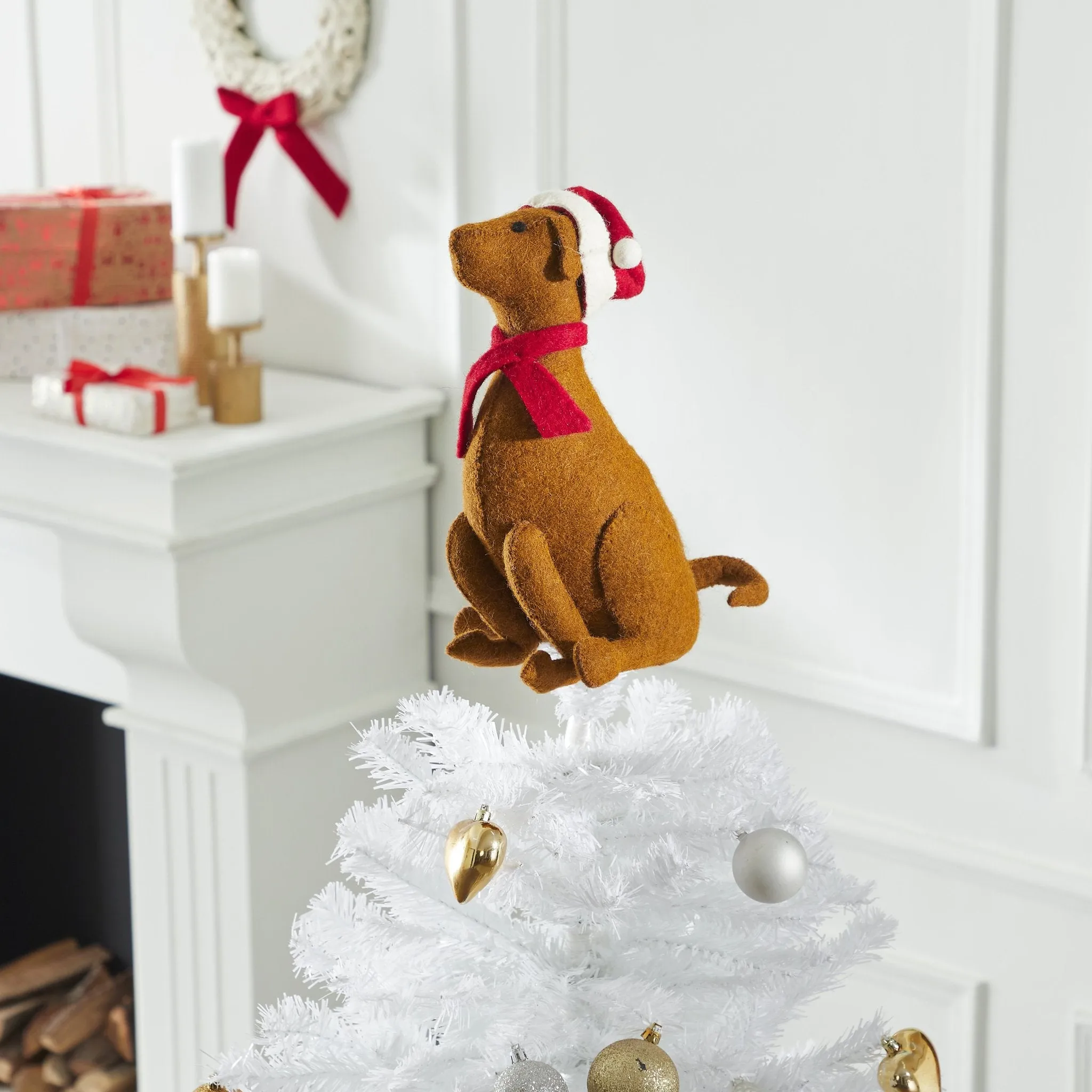 Brown Lab With Santa Hat Christmas Tree Topper in Hand Felted Wool