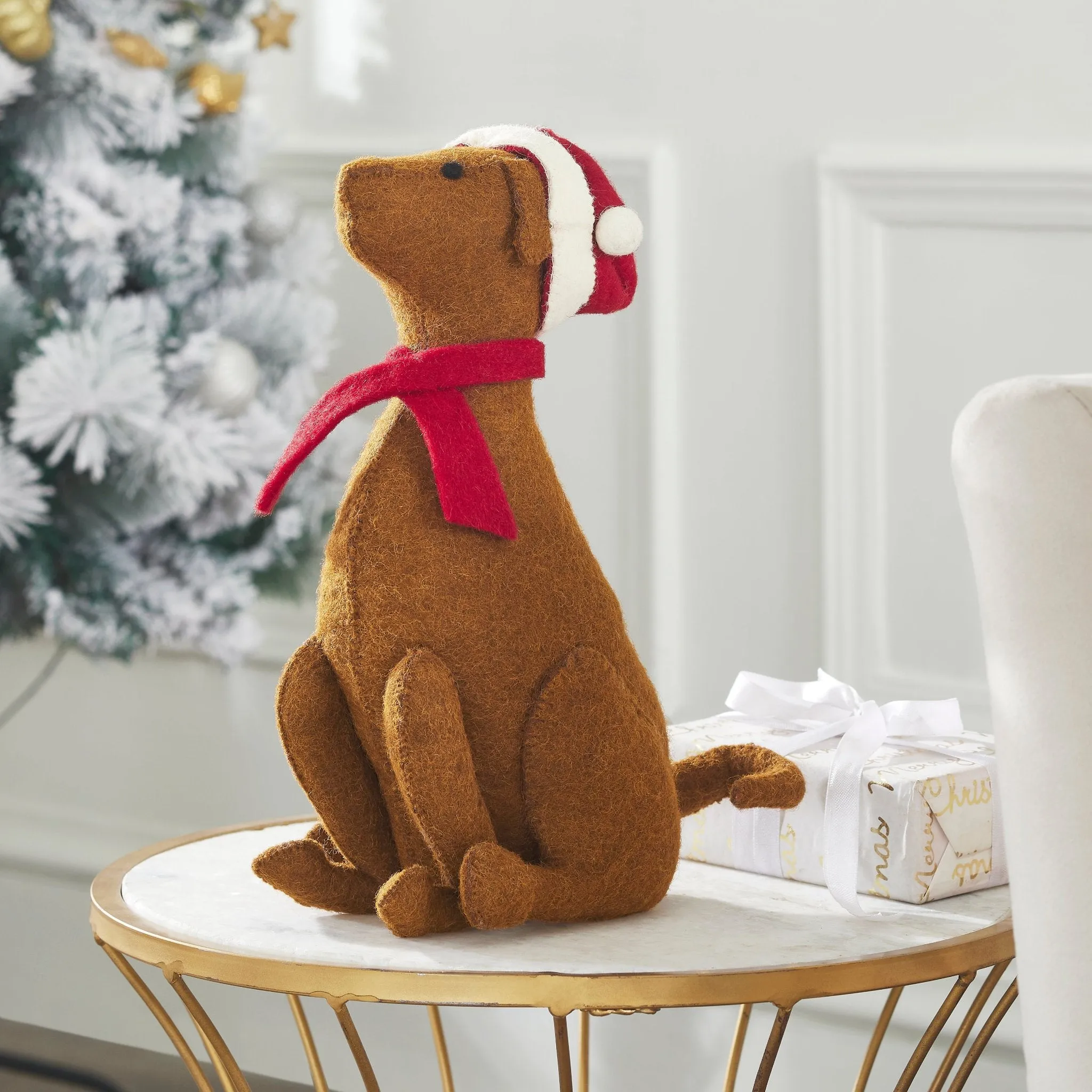 Brown Lab With Santa Hat Christmas Tree Topper in Hand Felted Wool