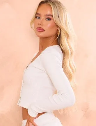 Cream Ribbed Button Front Long Sleeve Cardigan