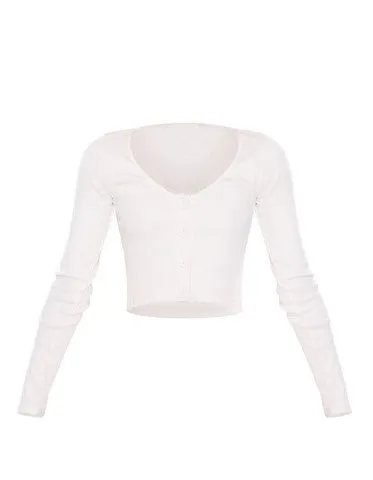 Cream Ribbed Button Front Long Sleeve Cardigan