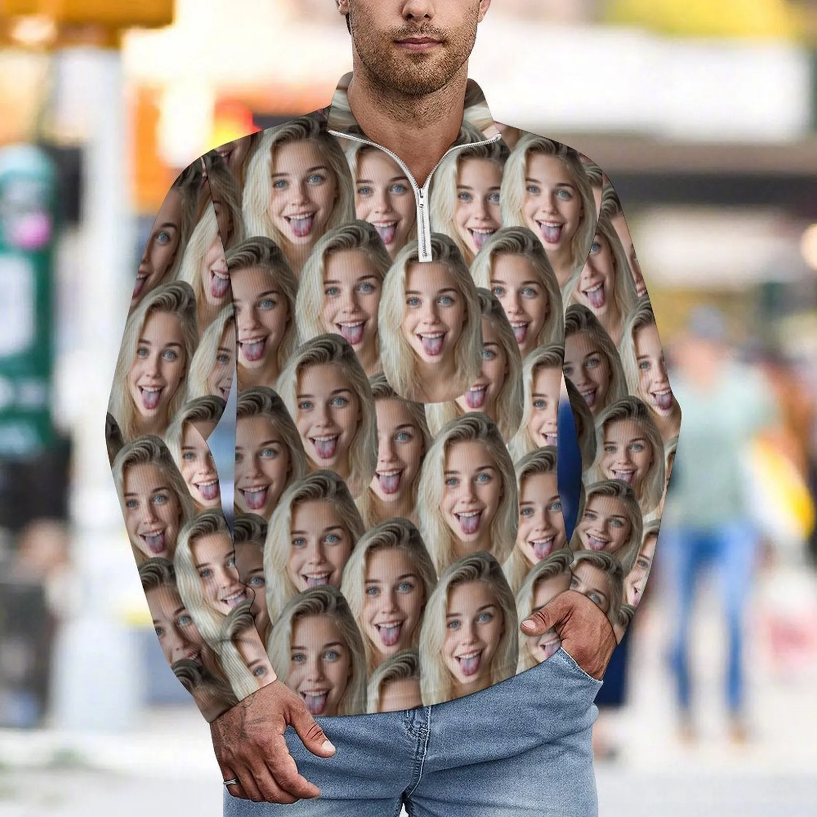Custom Seamless Face Long Sleeve Men's Sweater Polos