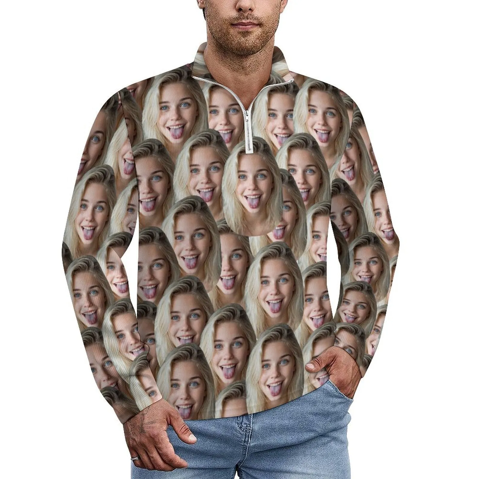 Custom Seamless Face Long Sleeve Men's Sweater Polos