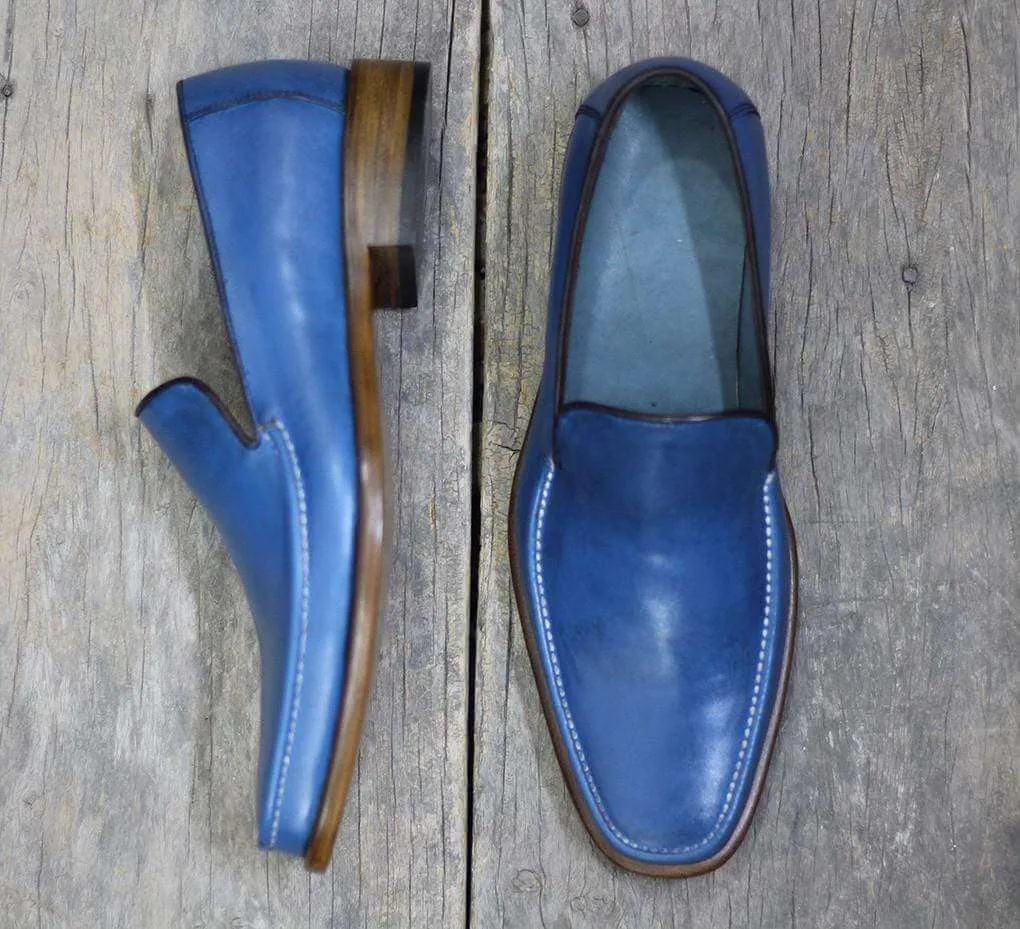 Handmade Blue Leather Loafers Shoe For Men's