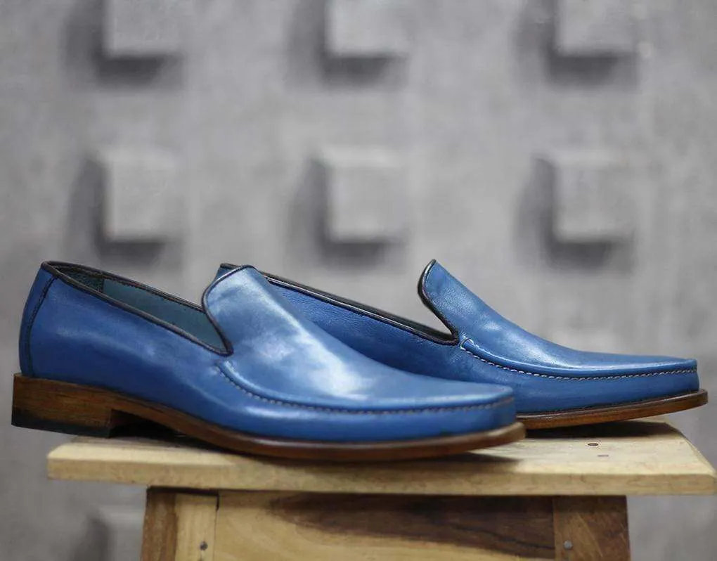Handmade Blue Leather Loafers Shoe For Men's