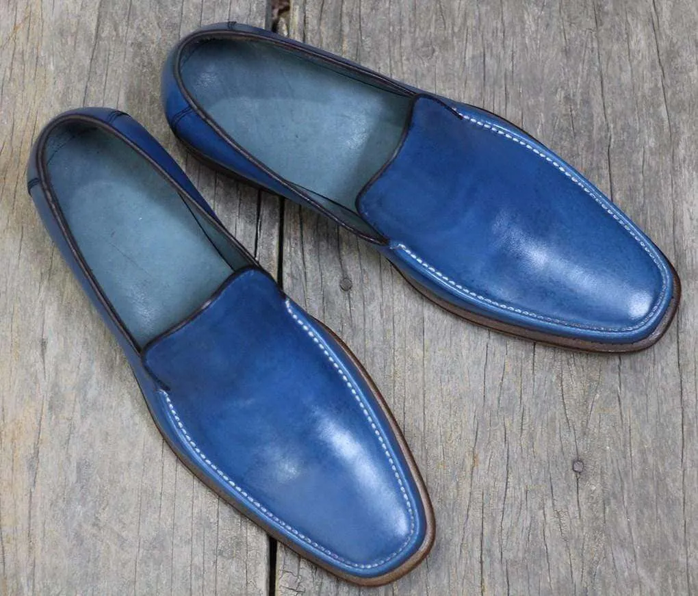 Handmade Blue Leather Loafers Shoe For Men's