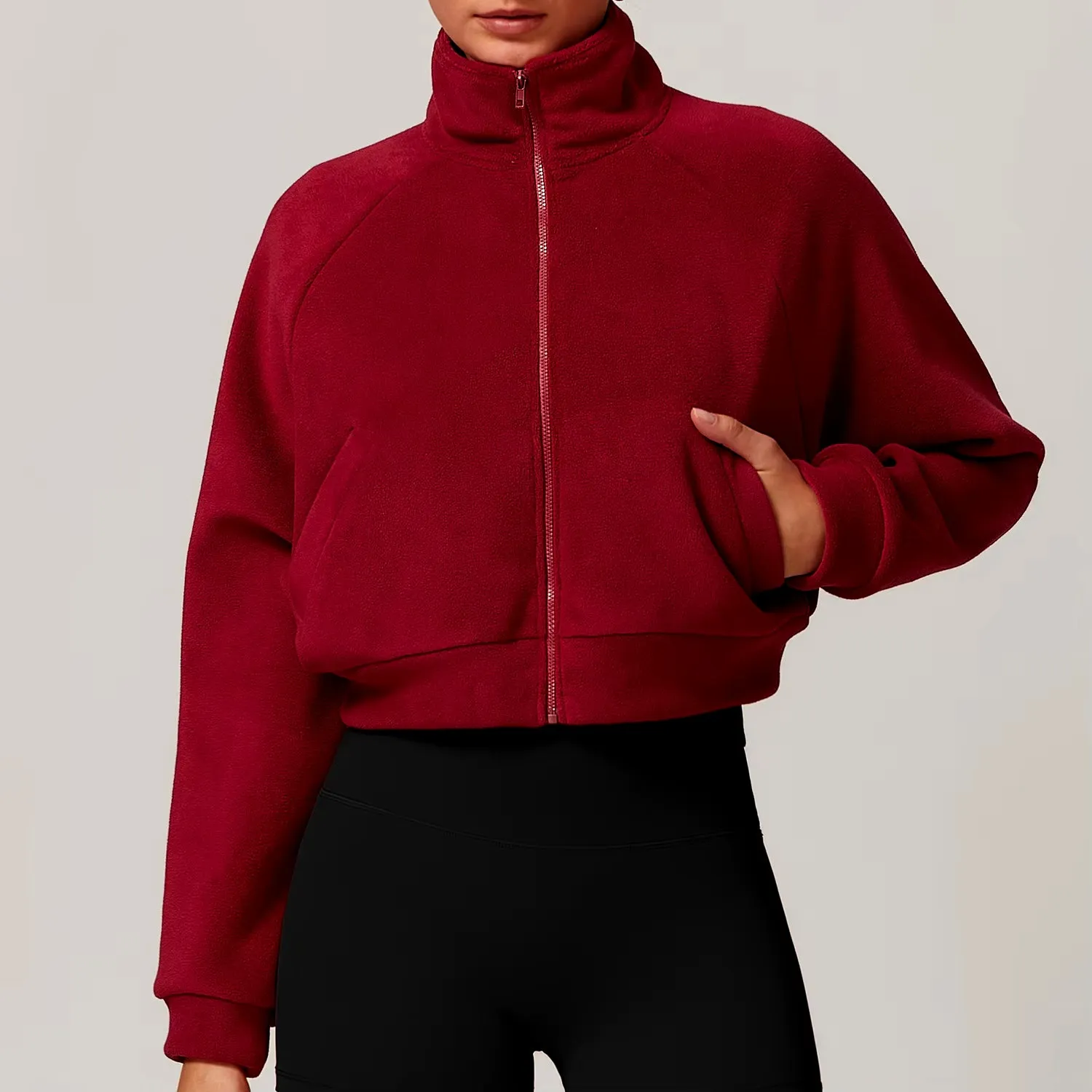 High Neck Zip Front Pocket Long Sleeve Teddy Crop Jacket