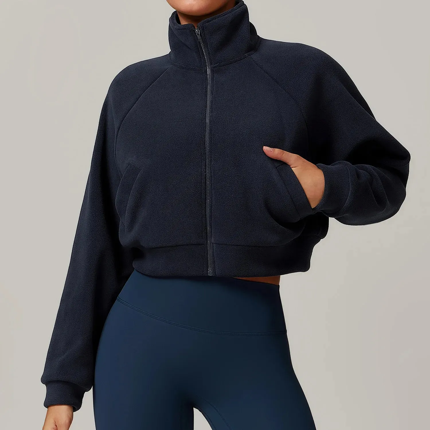 High Neck Zip Front Pocket Long Sleeve Teddy Crop Jacket
