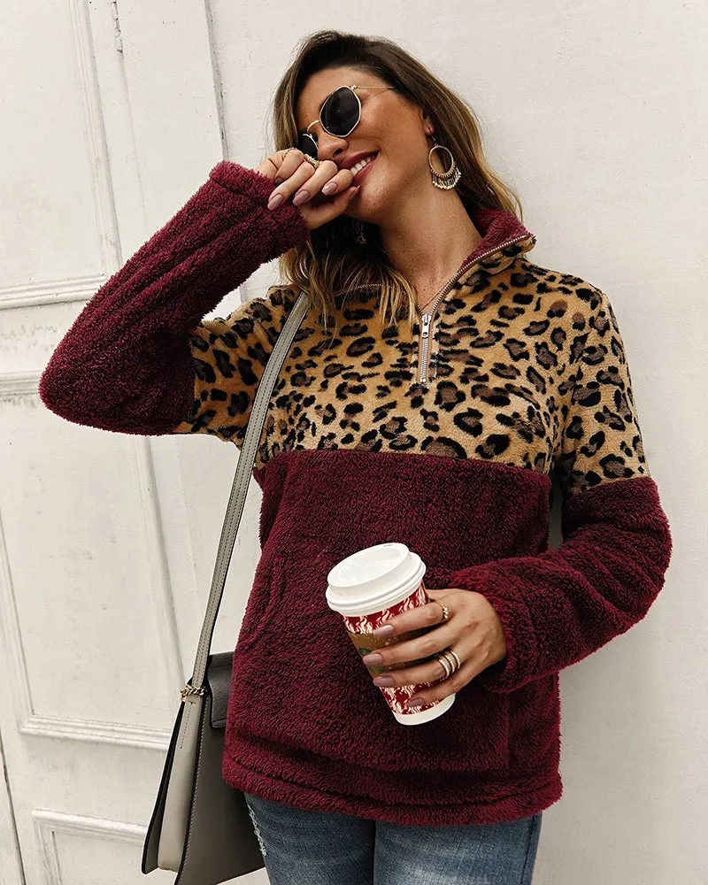 Leopard Color Block Tops Long Sleeve Coat Sweatshirt