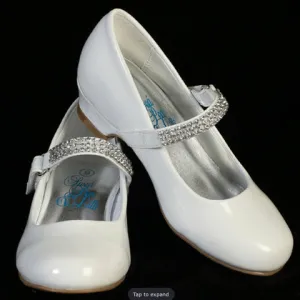 Mia Girls White Patten 1" heels shoe with rhinestone strap.