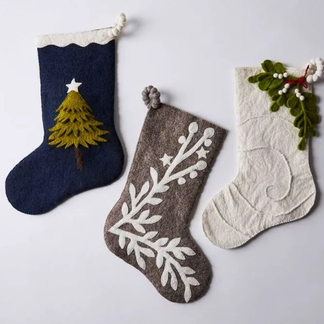 Mistletoe on Cream Christmas Stocking in Hand Felted Wool