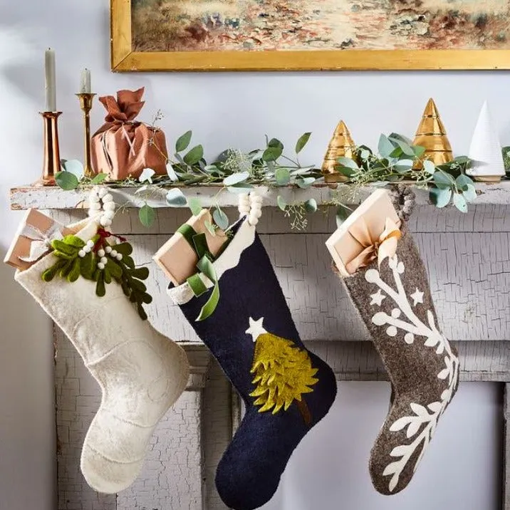 Mistletoe on Cream Christmas Stocking in Hand Felted Wool