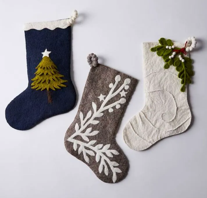 Mistletoe on Cream Christmas Stocking in Hand Felted Wool