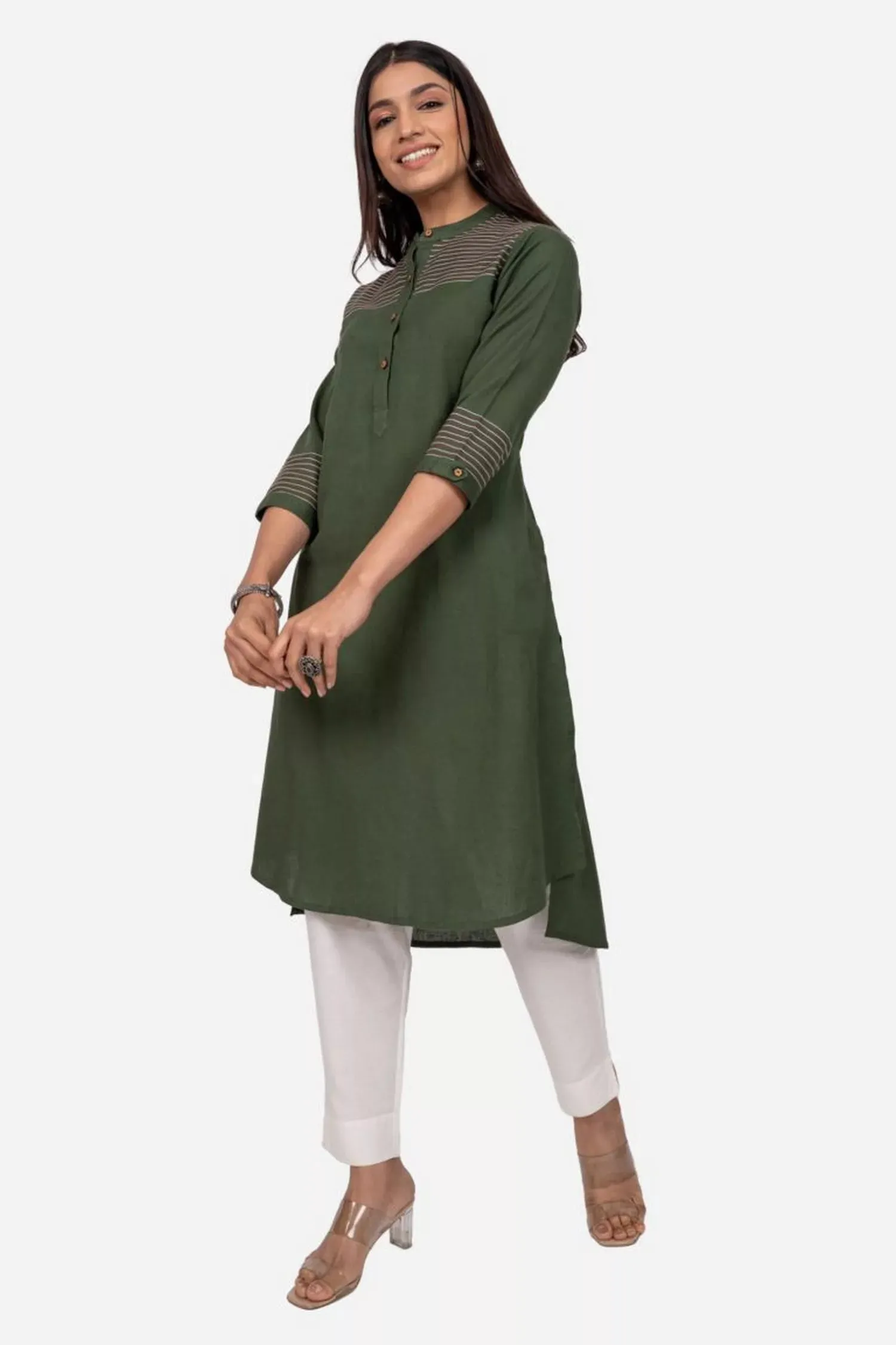 Olive Green  High Low Straight Fit Cotton Kurta