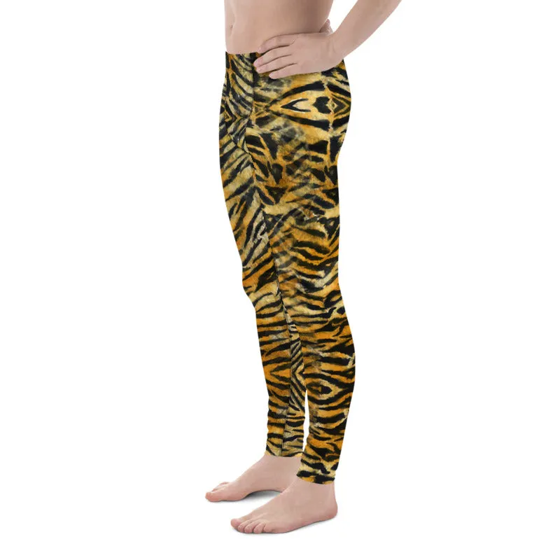 Orange Tiger Striped Men's Leggings, Tiger Stripes Animal Print Compression Tights-Made in USA/EU/MX