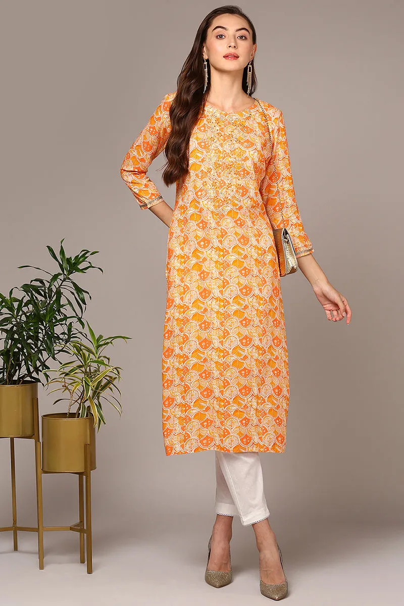 Orange Viscose Rayon Embroidered Kurta