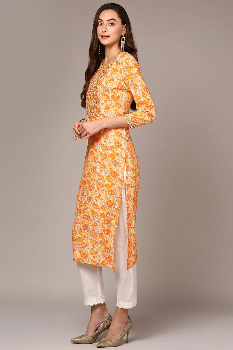 Orange Viscose Rayon Embroidered Kurta