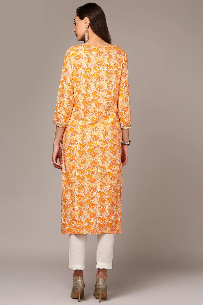 Orange Viscose Rayon Embroidered Kurta