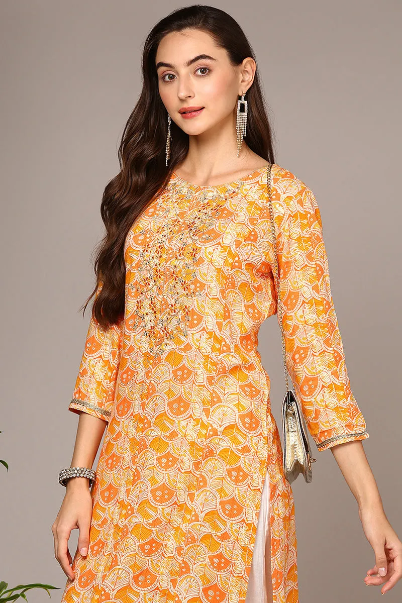 Orange Viscose Rayon Embroidered Kurta