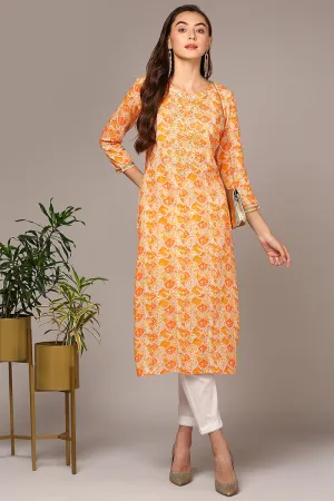 Orange Viscose Rayon Embroidered Kurta