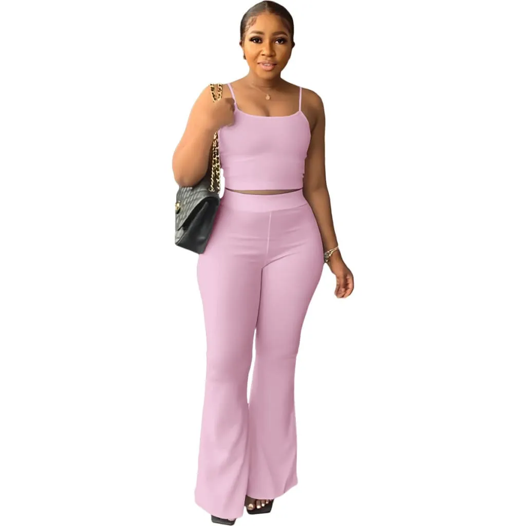 Solid Cami Top & Flare Leg Pants Sports Set