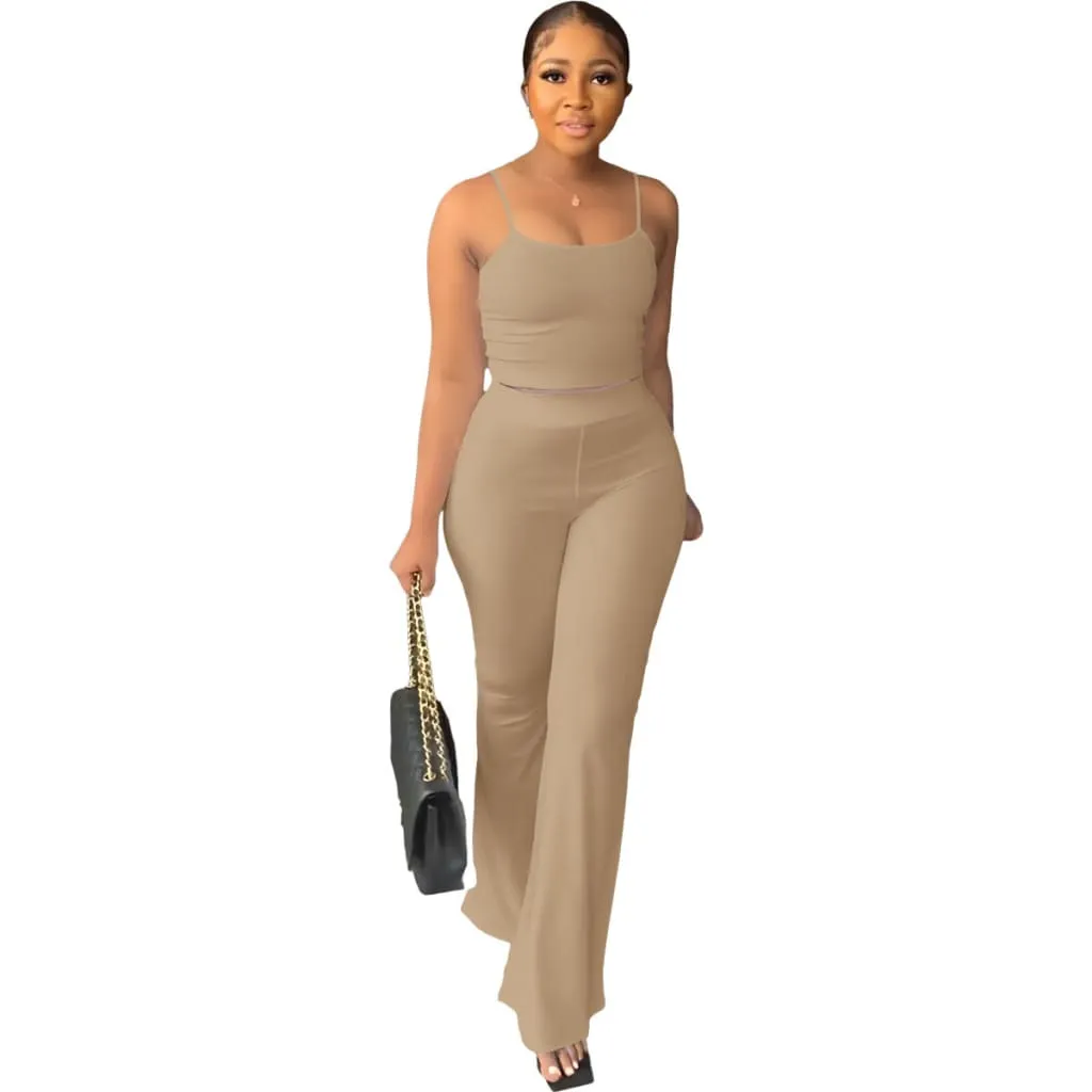 Solid Cami Top & Flare Leg Pants Sports Set