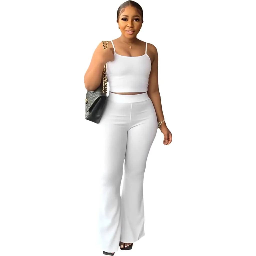Solid Cami Top & Flare Leg Pants Sports Set