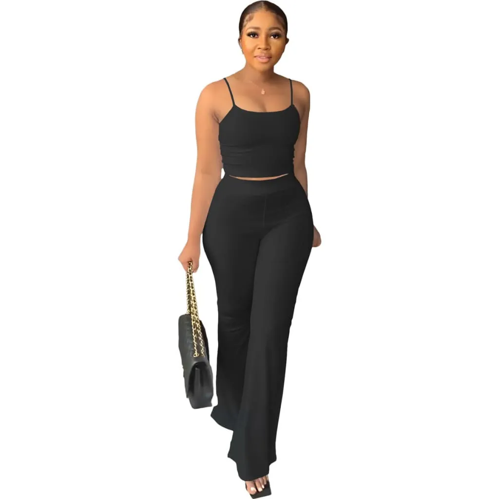 Solid Cami Top & Flare Leg Pants Sports Set