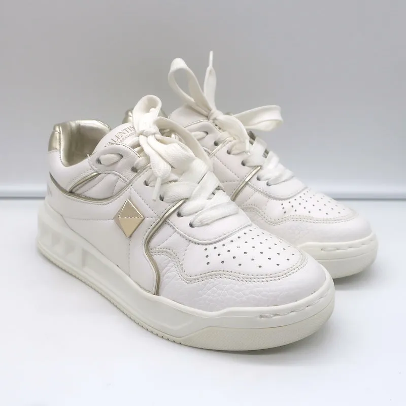 Valentino One Stud Low Top Sneakers White & Gold Leather Size 35.5