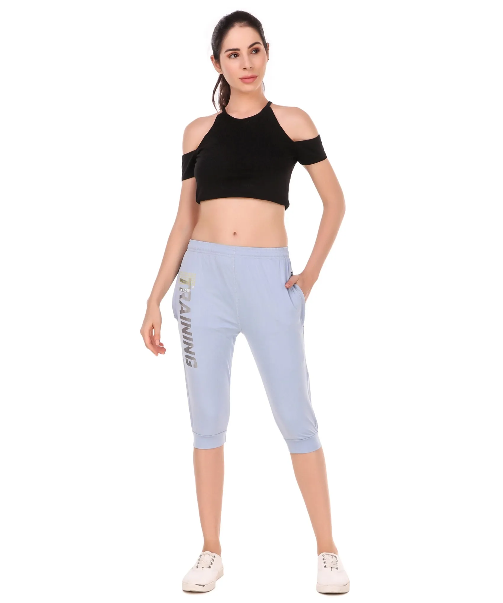 Women's Stretchable Lycra 3/4th Capri with 2 Zippered Pockets for Gym, Yoga, Workout and Casual Wear